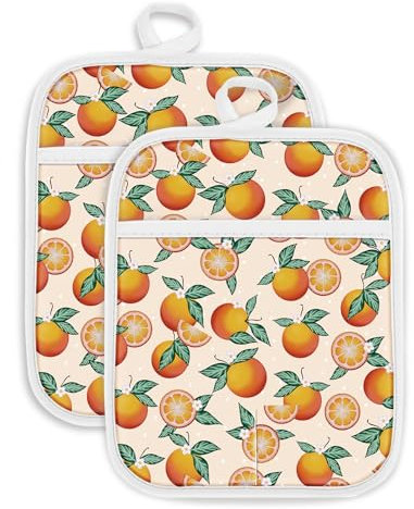 Swooflia 100% Cotton Pot Holders 2 Pack Set for Kitchen with Pockets - Cute 440°F Heat Resistant Oven Hot Pads Heavy Duty for Countertop Home Cooking Baking Microwave BBQ Orange