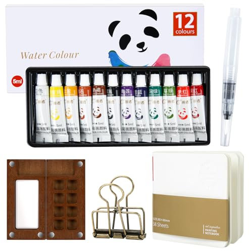 Hyunlai Mini Aquarell Set Reise, Pocket Aquarellbox aus Walnussholz mit 12 Farben, 1 Aquarellpinsel und Skizzenbuch - Tragbares Wasserfarben Set für Künstler, Maler & Studenten (Magnetisch faltbar)