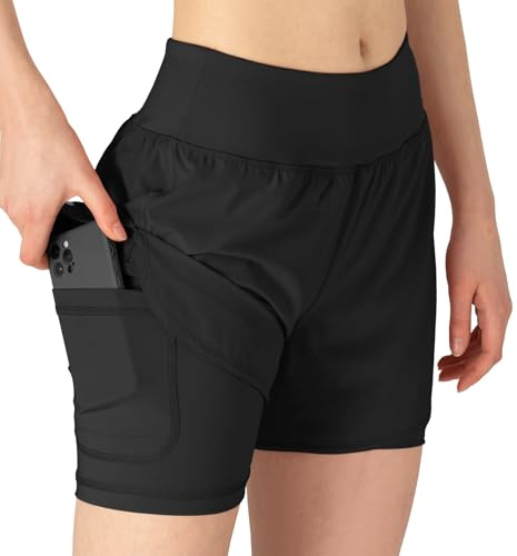 YSENTO Damen Sport Shorts Sommer 2 in 1 Kurze Sport Training Jogging Fitness Lauf Yoga Hose Schnelltrocknende mit Tasche(schwarz,XL1)