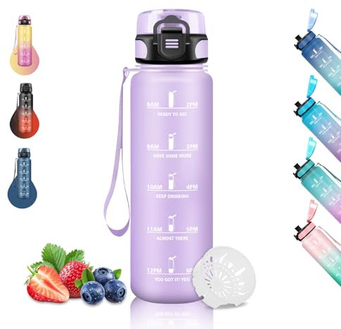 Gourde 1l, Gourde Sport pour Adulte, Gourde Graduée Anti-Fuite, Gourde Motivation avec Slogan de Motivation, Gourdes de Camping et Randonnée, Facile à Nettoyer, pour Yoga, Fitness, Cyclisme, Violet