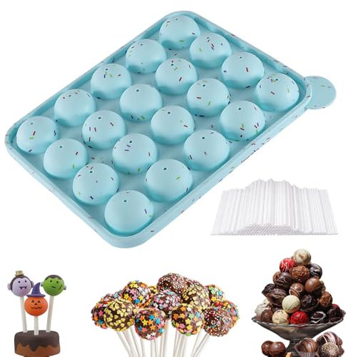 Cake Pop Formen, 1 Stück Silikon-Kuchenform, mit 200 Stäbchen, 20 Kavitäten Silikon Cake Pop Form für Hartbonbons, Lutscher und Party Cupcake Größe 22.5 x 18.5 x 2.5 cm Blau