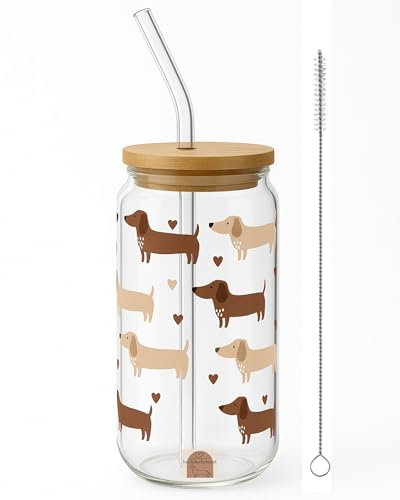 frechdachshund Dackel Glas Mit Deckel und Strohhalm - 500ml - Gläser Mit Holzdeckel, Trinkglas mit Halm und Bambusdeckel für jede Art von Heiß- und Kaltgetränken