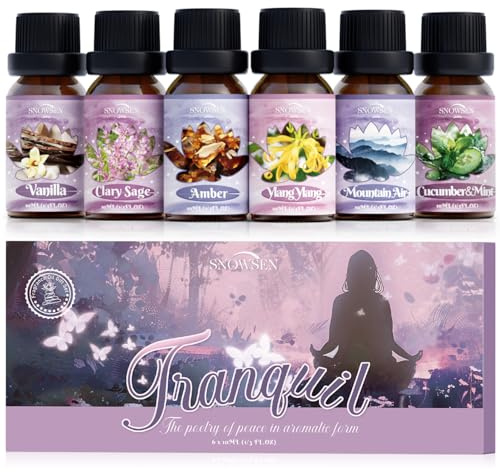 SNOWSEN Tranquil Essential Oil Set, 6-Pack Essential Oils for Diffuser for Home, Fragrance Oil for Aromatherapy, Candle Making, Vanilla, Cucumber & Mint, Amber, Ylang Ylang, Clary Sage, Mountain Air