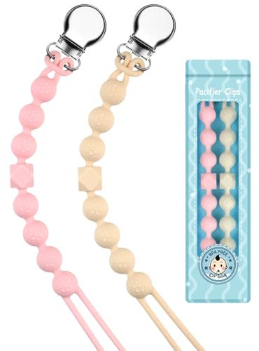 Yolnkos Catenella Portaciuccio Silicone Ciuccio Clips Catena Succhietto Catenelle per Ragazzi Ragazze Regalo per Baby Shower Deisgn a Pezzo Unico 2 Pezzi(Beige,Rosa)