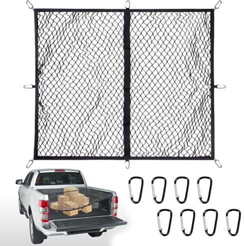 XJJAUGKLY Gepäcknetz 120x120cm, dehnbar bis 210x210cm Hochelastisches Gepäcknetz, Kofferraumnetz Auto mit 8 Stahlkarabinern, LKW-Bett-Organizer Gepäckfixierung für Wohnmobil Transporter, Busse