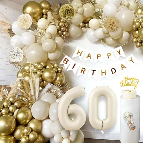60.Geburtstagsdekorationen: Goldenes Banner, Sandweiß-Gold-Beige Ballons, Bohömisches Zubehör für Frauen & Männer
