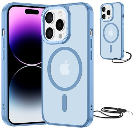 NEW'C Magnétique Coque pour iPhone 14 Pro Max (6,7 Pouces), Compatible avec MagSafe Antichoc Ultime avec Cordon – Magnétisme Puissant et Protection Militaire -Etui Translucide Mat - Bleu Ciel