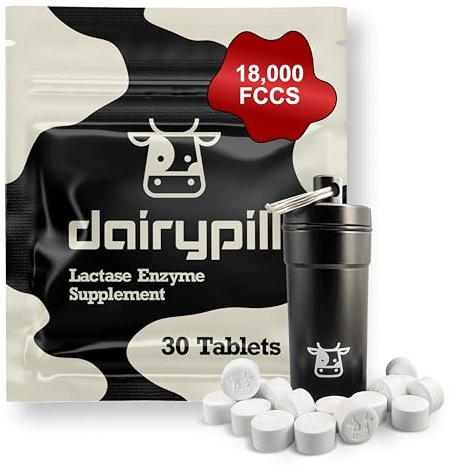 DairyPill Lactase Enzyme 18,000 FCCs per Pill, 30 Count, Solution for Lactose Intolerance, Portable, Easy to Swallow, Preservative and Gluten Free, American Made, Non GMO