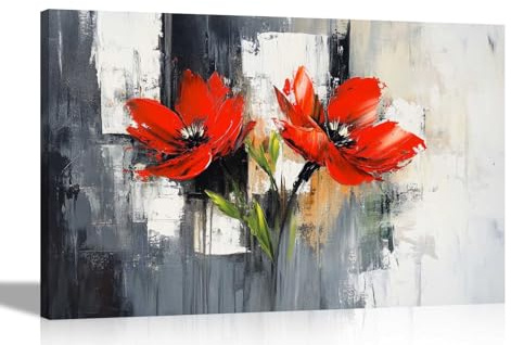 Artley Prints - Abstract Rustic Red Flower Canvas Wall Art Framed Floral Pictures Contemporary Prints Perfect for Flower Lovers Extra Large 101 x 76cm (40 x 30 inches)