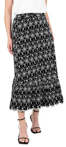 Women's Midi Skirt Ladies Broderie Anglaise Floral Scalloped Tiered Hemline Monochrome Boho A-line Embroidered