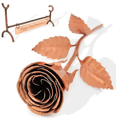 Kupferrose mit Ständer und Gravur Happy 22nd Anniversary polierte Platte, handgefertigte Kupfer-Metallblume für 22. Hochzeitstag, Ehefrau oder sie, 30,5 cm