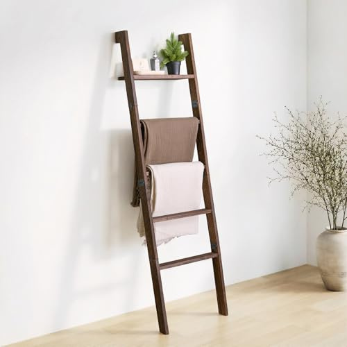 KOSKOG Blanket Ladder with Top Shelf, 5-Tier Wood 64” Decorative Ladder for Living Room Throws, Bedroom Quilt, Bathroom Towel & Toiletry Storage, Home Decor Stand (Deep Brown)