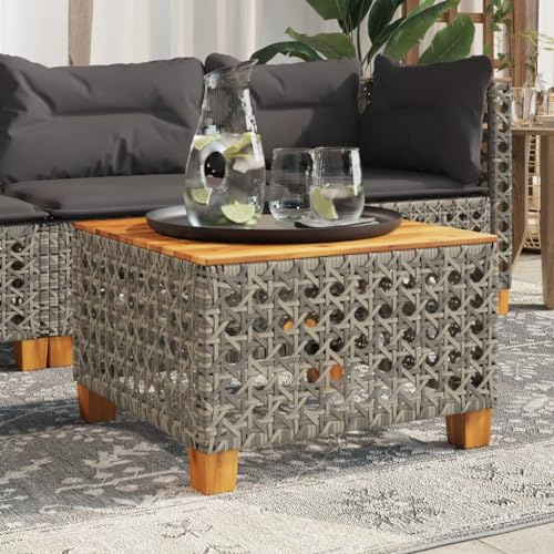 Owoxanthellate Gartentisch 55x55x36 cm Polyrattan Akazienholz klappbar wetterfest, moderner Bistro Tisch in Grau/Braun, platzsparend für Balkon Terrasse Garten