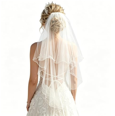 RabbFit Brautschleier Kurz mit Perlen, Weißer Schleier Elegent Braut Tüll mit Kamm, für Junggesellenabschied, Hochzeit & Brautparty, Bridal Hair Bow Veil Accessoire für Damen Mädchen
