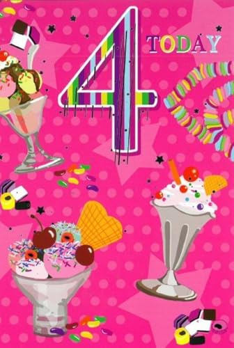 Age 4 Girl 4th Birthday Card - Ice Cream Sundaes Sweets Silver Foil 7.75x5.25