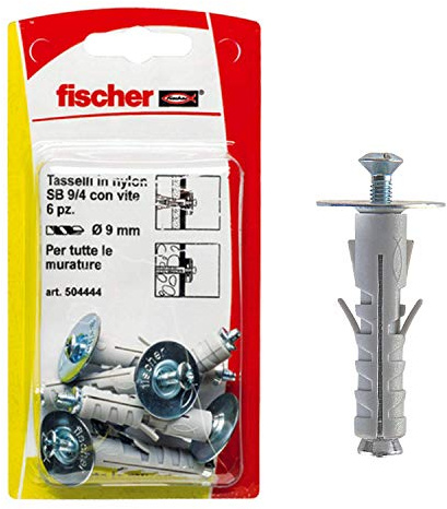 Fischer 6 Tasselli SB 9 con Vite T.S.C. Taglio Combinato, Universali per il Fissaggio di Lampade, Specchi, Mobili su Muro e Cemento, 504444