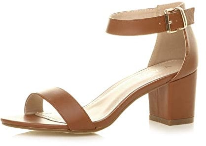 Ajvani Womens Ladies mid Heel peep Toe Buckle Ankle Strap Party Strappy Sandal - Tan Matt - 4 UK