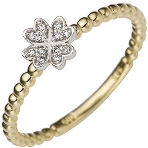 Jobo Damen-Ring Kleeblatt aus 14 Karat 585 Gold Bicolor mit 12 Diamanten Größe 58