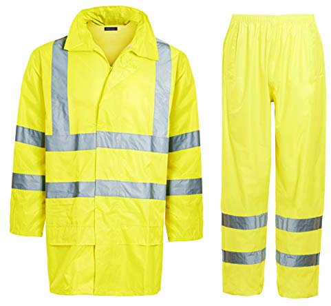 shelikes Hi VIS Viz & Plain Rainsuit 2 Piece Set High Visibility Men Women Hooded Puddle LaShelikes dies Rain Suit Jacket & Trousers Waterproof PVC Workwear Rain Wear Size S-4XL (Yellow Hi Vis, XL)