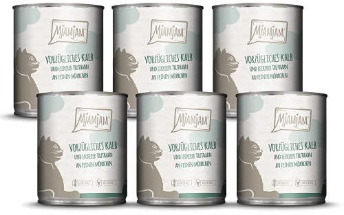 MjAMjAM - Premium Nassfutter für Katzen - vorzügliches Kalb & Truthahn an leckeren Möhrchen, 6er Pack (6 x 800 g), getreidefrei mit extra viel Fleisch