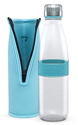 boddels Glastrinkflasche DREE 650ml Neoprenhülle, Borosilikat-Glas, Wasserflasche auslaufsicher mit Schraubverschluss und Schutzhülle, Uni, Sport, Schule, schadstofffrei, BPA-frei (Blau Türkis)