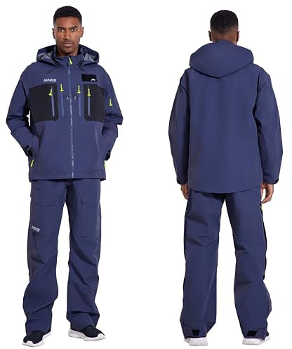 Angeln Regenanzug Jacke mit Latzhose Segeln Foul Wetter Gear Abnehmbare Fleece Hoodie Wasserdicht Atmungsaktiv Winddicht, navy, XX-Large