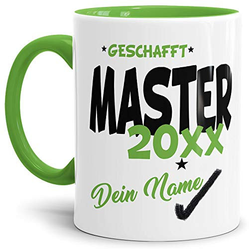 Tassendruck Master-Tasse Geschafft Master 20XX - Selbst gestalten mit Jahr und Name zum bestandenen Master/Abschluss/Lernen/Prüfung/personalisierte Geschenk-Idee/Innen & Henkel Hellgrün