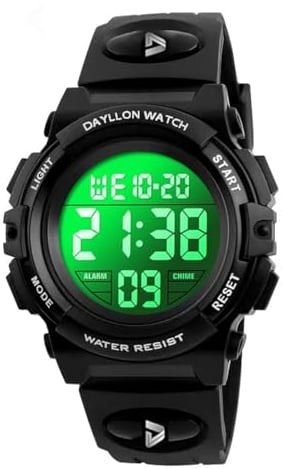 Dayllon Digitaluhr Kinder Uhren für Jungen Armbanduhr Kinder Outdoor Sport 50M Wasserdicht Elektronische 12/24 H Wecker Stoppuhr/Kalender/LED-Licht/Datum Junge Mädchen All Black X(8-15 Year Old)