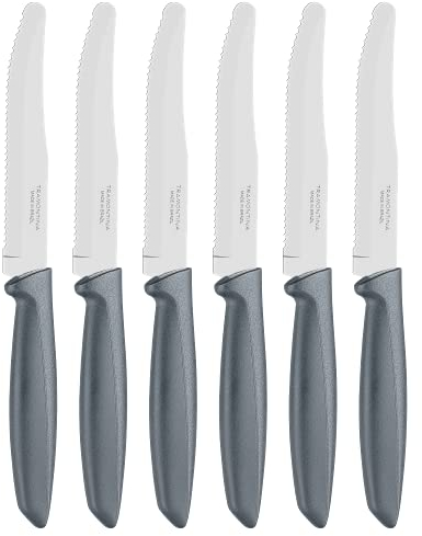 Tramontina Kitchen Knives Set of 6, Serrated Fruit Tomato Cooking Knife, Vegetable Chopper Peeler, Stainless Steel, Multipurpose, Rounded Tip, Grey, 23498655