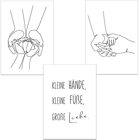 ChicResult Line Art Wandbilder 3er Bilderset FAMILIENLIEBE - Wanddeko für Babyzimmer, Kinderzimmer Deko, Geschenk zur Geburt - Wandspruch in DEUTSCH (DIN A4 ohne Bilderrahmen)