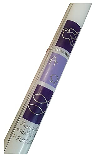 Taufkerze Kommunionkerze Konfirmationkerze für Mädchen | 400x40 mm | in Lila, Flieder und Silber gestaltet | mit Name und Datum beschriftet -| Wachsmotiv