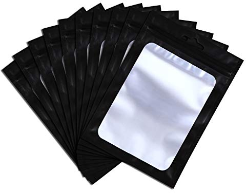 XFXIA 100 Pieces Mylar Bags, Resealable Smell Proof Bags with Ziplock and Clear Window, Aluminum Foil Pouch Bag for Candy Food Lip Gloss Packaging |flat|cute| (Black, 4 x 6 Inch)