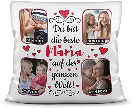 Kissen mit Füllung zum selbst Gestalten mit 4 Fotos - Für die Beste Mama - Hochwertige Kissenhülle mit Reißverschluss, Weiß, 40 x 40 cm