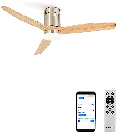 CREATE / WINDCALM/Ventilador de techo ABS con luz níquel efecto aspas madera clara con Wifi y mando / 40W, Silencioso, Ø132 cm, 3 temperaturas de luz, temporizador, función verano-invierno