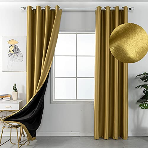 Amidoudou Blickdichte Vorhänge ösen 2er Set Für Kinderzimmer Schlafzimmer Wohnzimmer (Gold,245x140cm)