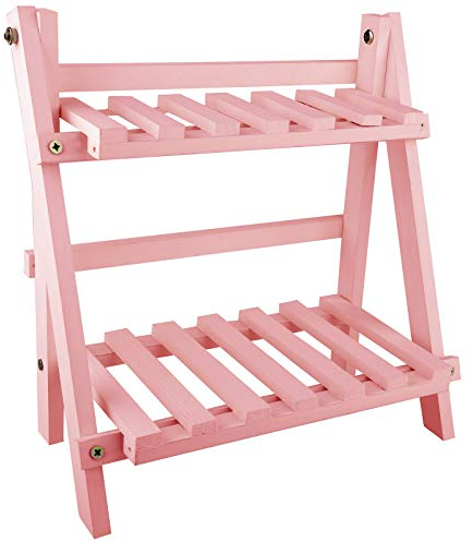 Mokyler Pflanzenständer aus Holz, 2-stöckig, rosa Pflanzenregal aus Holz, Blumentopf, faltbares Ausstellungsregal, Pflanzenregal, Regal für Balkon, Terrasse, Garten