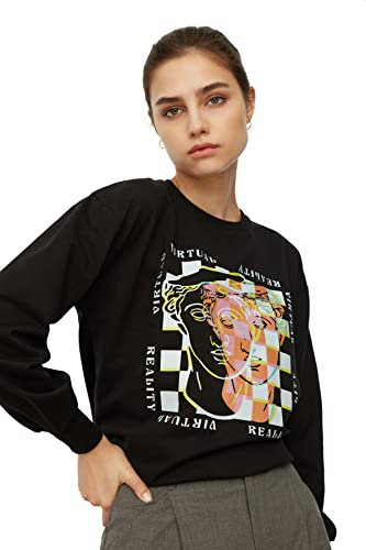 TRENDYOL Damen Black Printed Oversize Knitted Slim Sweatshirt, Schwarz, S EU