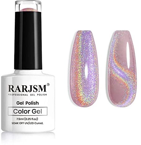 RARJSM Holographic Gel Polish Pink Glitter Cat Eye Nail Polish Gel Laser Glossy Iridescent Mermaid Galaxy Effect Unicorn GelVarnish 7.5ml Soak Off UV LED Curing Requires Nail Art for Home Nail Salon