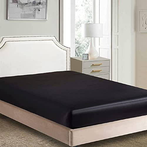 Spannbettlaken 90x200cm Schwarz Set Satin Bettlaken Glänzend Seide Spannbetttuch Leintuch 90 x 200 Uni Muster Boxspringbett Topper Spannleintuch für Hohe Matratze bis 25-30 cm