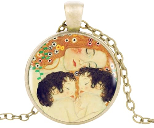 Klimt Halskette mit Anhänger für Mutter und Kind, runde Halskette für Damen, Kleiderzubehör, Glaskuppel-Schmuck, Zinklegierung