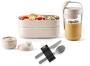 Lékué Kit Buenos días Jar To Go 600ml Organic, Beis, 600ml + Lunchbox To Go Organic, Beis, 1000ml + Juego de cubiertos para llevar, Acero Inoxidable + Recipiente para Salsas Organic, Beis, 50ml