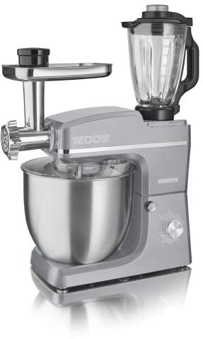 HEINRICHS 3 in 1 Universal Küchenmaschine, Küchengerät 1500W, 6 Geschwindigkeitsstufen, Multifunktionale Knetmaschine mit Fleischwolf, 1.5L Mixerbehälter, XXXL 10L Edelstahlschüssel (Silber)