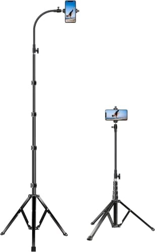 Elitehood 81-inch/205cm Tall Tripod for iPhone and Android, Flexible Phone Stand with 43cm Adjustable Gooseneck, Heavy Duty Metal Tripod for iPhone 14 Pro Max / 13 / 12