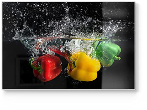 DEQORI Schneidebrett aus Glas | groß 30x20 cm | Motiv Drei Paprika im Wasser | Design Schneideplatte für Küche | Frühstücksbrett antibakteriell & rutschfest | Glasplatte & Servierplatte