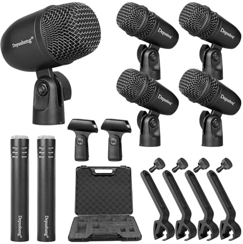Depusheng 7-Piece Wired Dynamic Drum Mic Kit (Whole Metal) Kick Bass, Tom/Snare & Cymbals Microphone-Use for Drums, Vocal, Other Instrument Complete with Thread Clip 7 On Stage Audio Cables