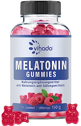 Vihado Melatonin Gummies - so lecker und soft, hochdosiert, ohne Zuckerzusatz, vegan - besser da mit Vitamin D3, K2, Passionsblume und Kamille, 60 Gummis