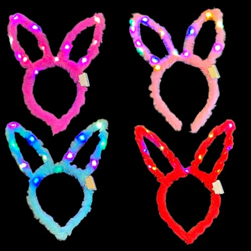 BF Souvenirs 4er-Set LED Plüsch Haarreif LITTLE BUNNY mit Hasenohren in 4 Farben, blinkend und leuchtend - Party Karneval Geburtstag Motto Party Fasching Prinzessin Königin (4er-Set BUNT)