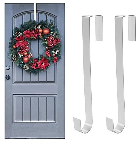 Jsdoin Christmas Wreath Door Hanger, 12.5 Inches Metal Front Door Wreath Hook for Christmas Home Office Wall Wedding Wreaths or Decorations (White, 2 Pack)