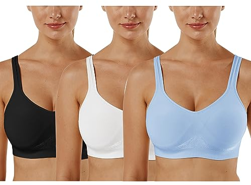 Vertvie Damen 1/2/3er Set Sport BH Einfarbig Ohne Bügel Bustier Klassische Bequem Stretch Bra Mittle Halt Gepolstert Wohlfühl-BH (Schwarz+Weiß+Baby Blau, XXL)