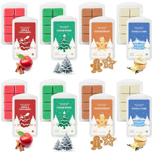 Christmas Wax Melts, Scented Wax Cubes, 2.5 oz Soy Wax Melts 8 Packs, Cedar Wood, Apple&Cinnamon, Ginger Bread, Vanilla Cake, Home Fragrance for Candle Wax Warmer